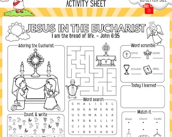 Jesus in the Eucharist Corpus Christi Catholic Activity Sheet for Kids | Eucharistic Adoration Coloring Page | Catholic Summer Printable