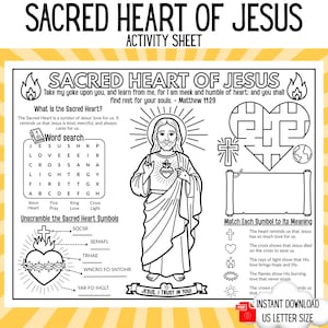 Könnte beinhalten: Ein schwarz-weißes Aktivitätsblatt zum Heiligsten Herzen Jesu mit einer zentralen Jesus-Illustration, einem Wortsuchrätsel, einem herzförmigen Labyrinth, einer Entschlüsselungsaufgabe und einer Zuordnungsübung mit dem Text Matthäus 11,29.