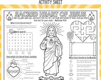 Sacred Heart of Jesus Worksheet for Kids|Sunday School & Homeschool Resource|Catholic Word Search,Maze,Matching| CCD class| Jesus activity
