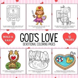 Puede incluir: Un libro para colorear devocional titulado "God's Love" con 50 páginas. La portada presenta varias ilustraciones de dibujos animados, incluyendo una piscina en forma de corazón con un patito de goma y jirafas con un corazón.