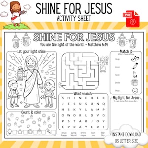 Könnte beinhalten: Schwarz-weiß-Aktivitätsblatt mit dem Text "SHINE FOR JESUS". Das Blatt enthält Illustrationen von Jesus, Kindern und verschiedenen Aktivitäten wie einem Labyrinth, einer Wortsuche und Ausmalbereichen. Der Text "INSTANT DOWNLOAD US LETTER SIZE" ist ebenfalls sichtbar.