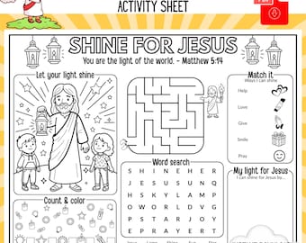 Shine for Jesus Printable Placemat Activity Sheet, Vacation Bible School activity, Illuminate, you are the light of the world, Matthew 5:14