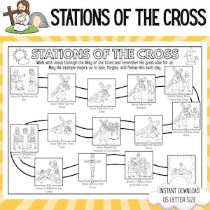 Puede incluir: Una hoja imprimible en blanco y negro titulada Stations of the Cross que presenta trece ilustraciones numeradas que representan escenas de la vida de Jesús. El documento incluye descripciones de texto para cada estación y un encabezado.
