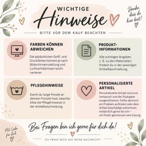 Pode incluir: Um gr&aacute;fico informativo com fundo creme, apresentando o texto em alem&atilde;o WICHTIGE HINWEISE, BITTE VOR DEM KAUF BEACHTEN, com se&ccedil;&otilde;es sobre varia&ccedil;&otilde;es de cor, detalhes do produto, instru&ccedil;&otilde;es de cuidado e pol&iacute;ticas de itens personalizados.