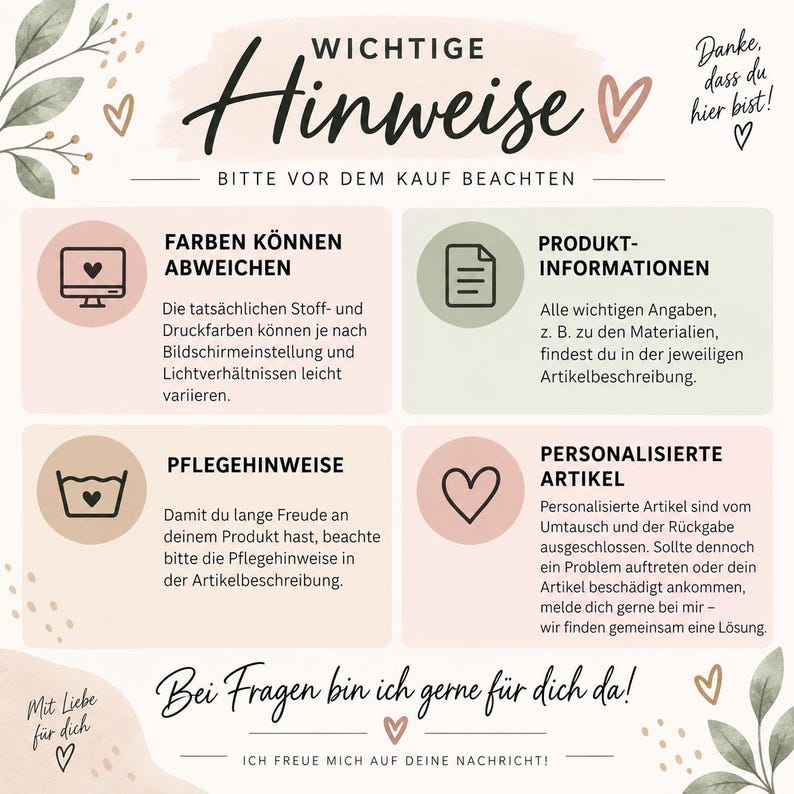 Pode incluir: Um gr&aacute;fico informativo com fundo creme, apresentando o texto em alem&atilde;o WICHTIGE HINWEISE, BITTE VOR DEM KAUF BEACHTEN, com se&ccedil;&otilde;es sobre varia&ccedil;&otilde;es de cor, detalhes do produto, instru&ccedil;&otilde;es de cuidado e pol&iacute;ticas de itens personalizados.