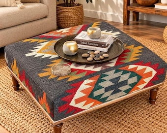 Handmade Wool Kilim Coffee Table Ottoman, Square Southwestern Upholstered Pouf Bench, Aztec Tribal Pattern Wooden Leg Footstool, Home Decor