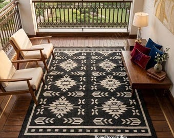 Handwoven Black & White Southwestern Rug | Tribal Geometric Wool Area Rug | Boho Navajo Style Home Decor | Wool Jute Kilim Rug | Dhurrie Rug