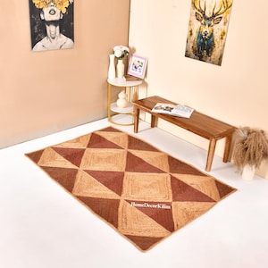 Natural Jute Rug 9x12 Ft For Kitchen: Handmade Jute Solid Check Rug, Eco - Friendly And Pure Natural Vegan Rug, Entryway Doormat Jute Carpet