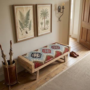 Kilim Upholstered Hallway Bench | Handmade Wooden Bench Seat | Rustic Farmhouse Entryway Bench | Geometric Boho Bench | Footstool Bench