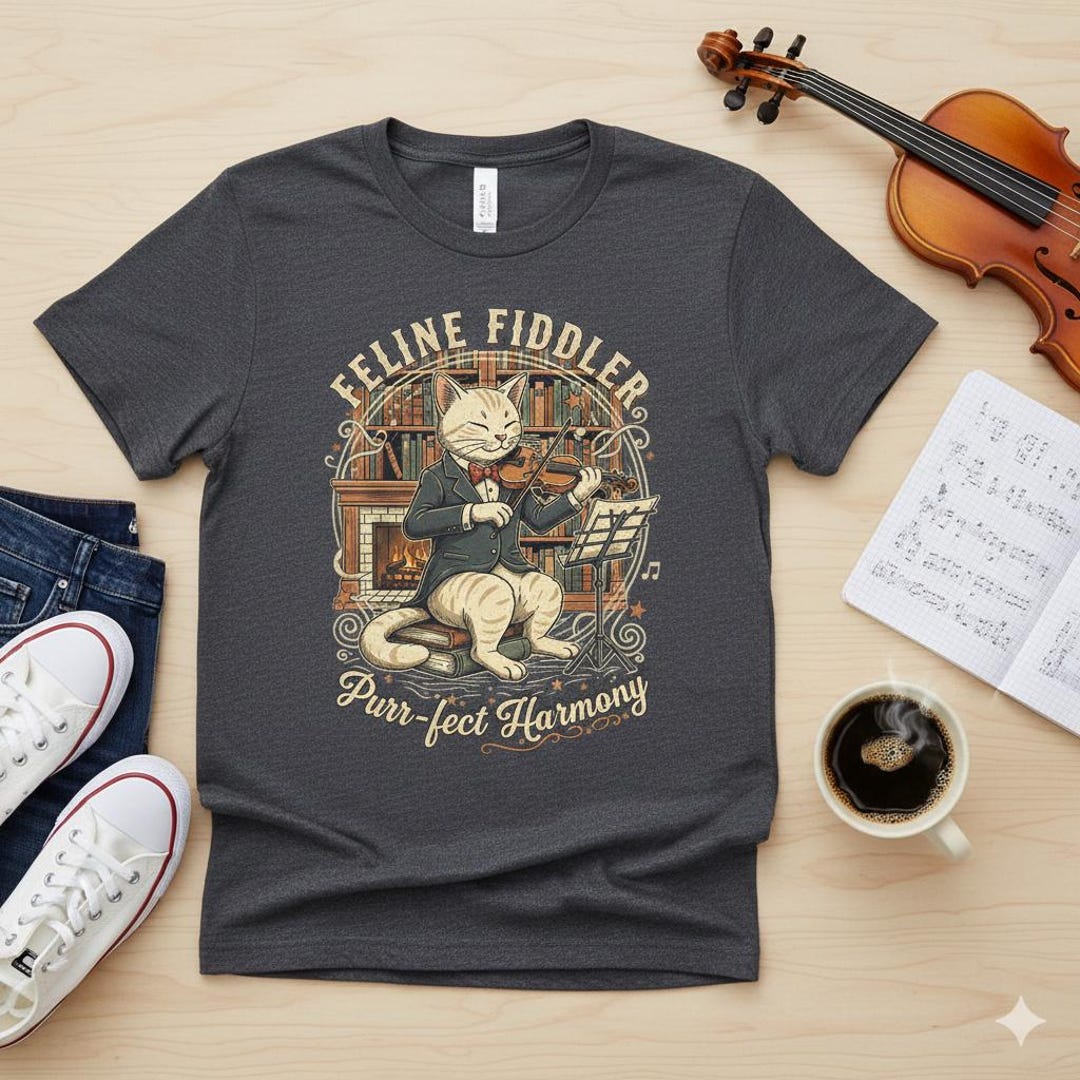 Kitty Fiddler Feline Fiddler Cat Playing Violin T-shirt, Vintage Music Illustration ...