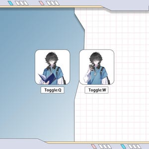 May include: Two illustrated panels with a young person wearing glasses, a blue shirt, and headphones. One panel shows the person holding a book, labeled "Toggle:Q." The other shows the person holding a phone, labeled "Toggle:W."