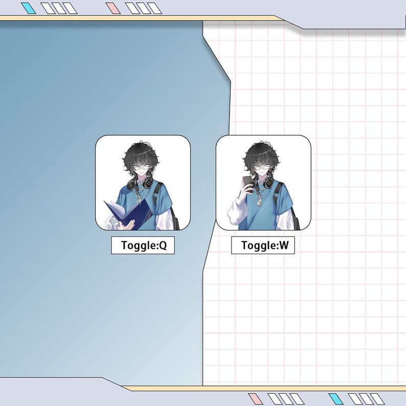 May include: Two illustrated panels with a young person wearing glasses, a blue shirt, and headphones. One panel shows the person holding a book, labeled "Toggle:Q." The other shows the person holding a phone, labeled "Toggle:W."