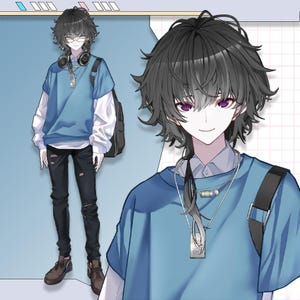 Può includere: Illustrazione in stile anime di una persona con una maglietta blu sopra una camicia bianca a maniche lunghe, jeans neri strappati e stivali marroni. Hanno capelli neri, occhiali e cuffie. Uno zaino nero è sulla loro spalla.