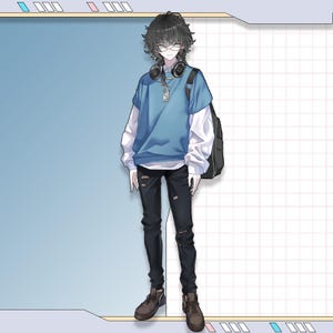 May include: An illustration of a person wearing a blue sweatshirt over a white shirt, black ripped jeans, and brown boots. They have glasses, headphones around their neck, and a black backpack. The background is a mix of blue and white with grid lines.