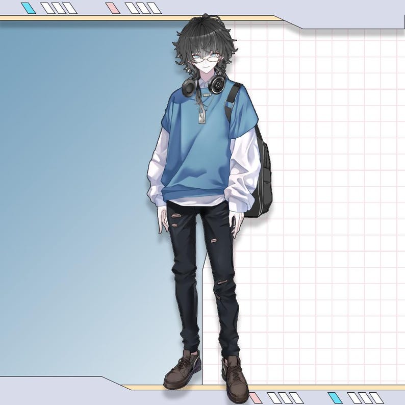 May include: An illustration of a person wearing a blue sweatshirt over a white shirt, black ripped jeans, and brown boots. They have glasses, headphones around their neck, and a black backpack. The background is a mix of blue and white with grid lines.