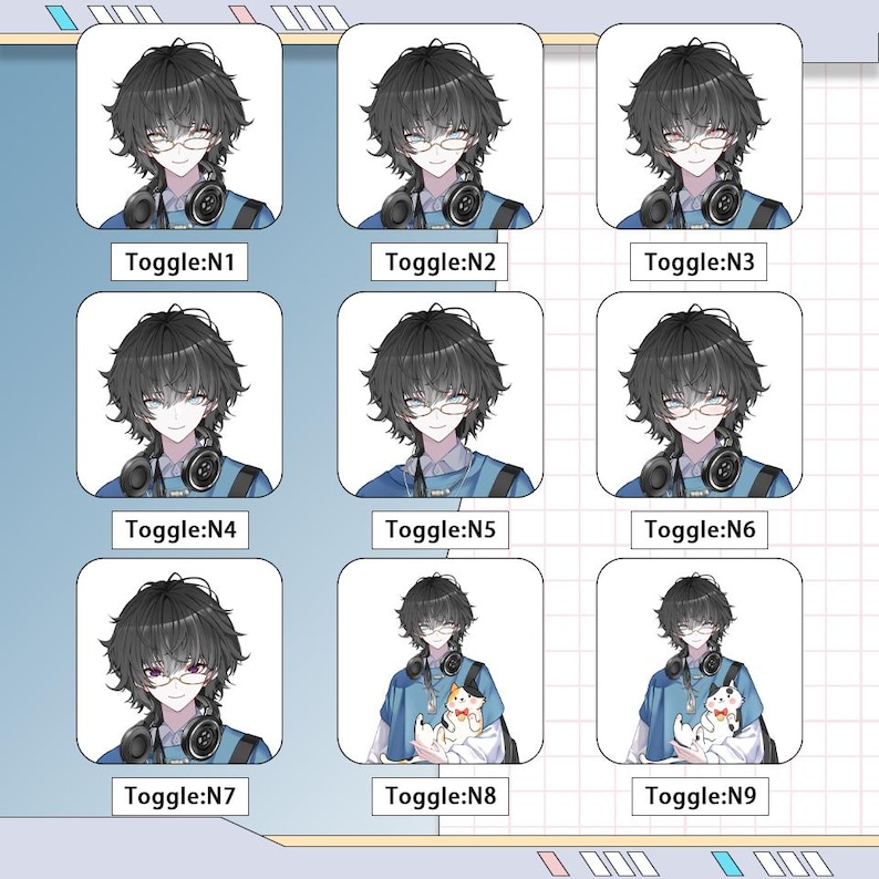 May include: Nine different anime-style character portraits. Each portrait features a person with dark hair, glasses, and headphones. The character wears a blue shirt. Some portraits include a cat. Each image has a "Toggle:N" label.