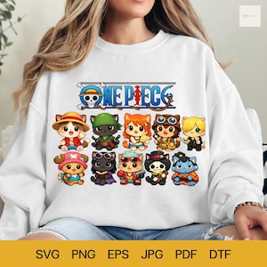 May include: White sweatshirt featuring a colorful graphic of cartoon cat characters inspired by the anime series "One Piece." The design includes the series' logo and several cat characters in various outfits. The bottom of the sweatshirt has the file type formats.