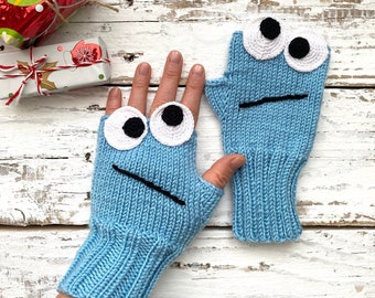 Chunky Knit Arm Warmers, Fingerless Gloves Mittens, Wrist Warmers, Knit Blue Fingerless Gloves, Birthday Gifts For Her, Crazy Eyes Monster