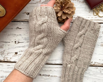 Knit Fingerless Gloves, Cable Beige Mittens, Touch Screen Gloves, Arm Warmers For Husband, Holiday Clothing Men, Gifts For Him Boyfriend