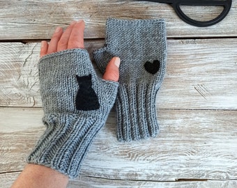 Handgestrickte Katzen Handschuhe: Filz Applikationen fingerlose Handschuhe  - Etsy.de