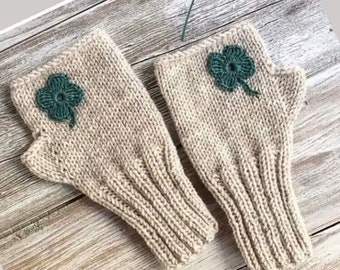Beige Wool Gloves, Knit Gloves, Girl Gift, Shamrock Flowers, Special Design, Hand Warmers, Women Gift, Winter Accessories, St Patricks Days