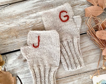 Halloween Gifts For Men Initial Gift For Women, Personalized Holiday Gift, Beige Knit Fingerless Gloves Mittens, First Letter Is For Name