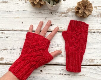 Red Fingerless Mittens Woman Gloves Winter Gloves Wool Christmas Gifts Women Heart Pattern Valentine's Wife Hand Warmers Ready To Ship