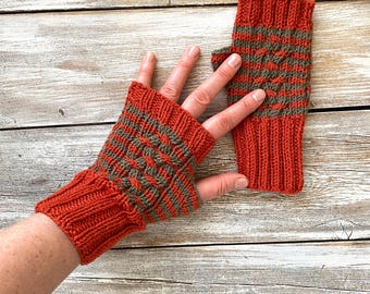 Hand Knit Striped Fingerless Gloves: Cable Knit Arm Warmers
