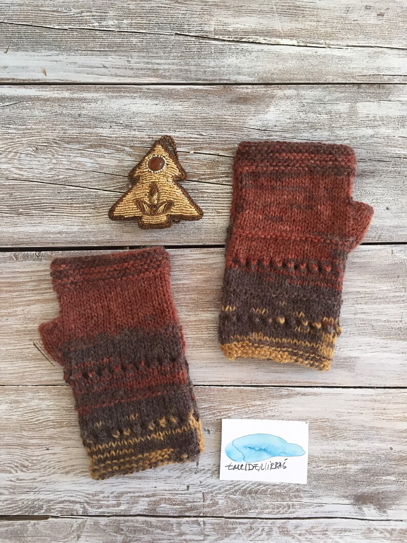Knit Fingerless Gloves Men Arm Warmers Brown Hand Warmers Etsy