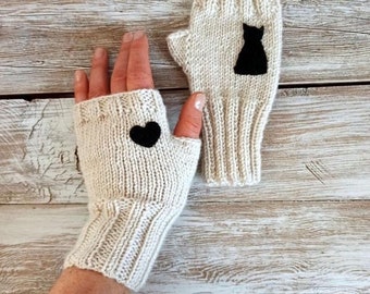 Cat Glove For Women, Hand Knit Glove, Warmers Mitts, Cat And Heart, Christmas Gift, Beige Fingerless Glove, Clothing Accessories, Animal