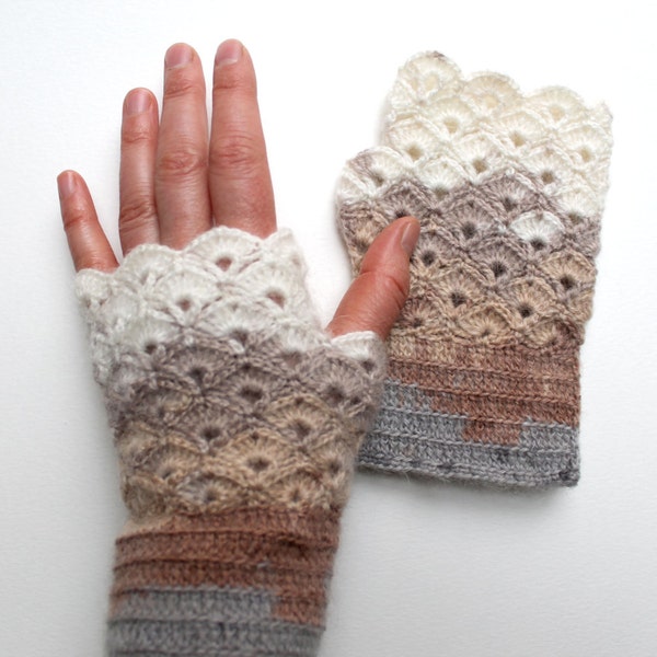 Hand Crochet Fingerless Gloves / Arm Mittens / Front page / winter fashion/ Valentines Gift / Gray, Beige, Brown. xoxo