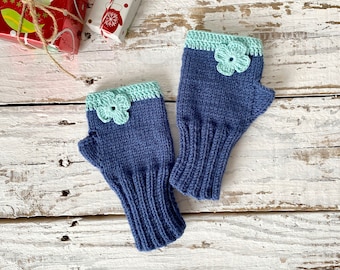 Blue Gloves, Fingerless Mittens Woman Winter Gloves Wool Christmas Gifts Women Flowers Pattern Valentine's Wife Hand Warmers Ready To Ship