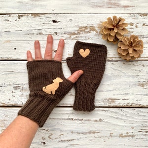 Brown Fingerless Gloves Men Women, Animal Pet, Minimalist Style, Funny Valentine Wiener Dog, Hand Knit Everyday Glove, Dog Lover Mitten