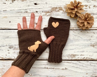 Brown Fingerless Gloves Men Women, Animal Pet, Minimalist Style, Funny Valentine Wiener Dog, Hand Knit Everyday Glove, Dog Lover Mitten