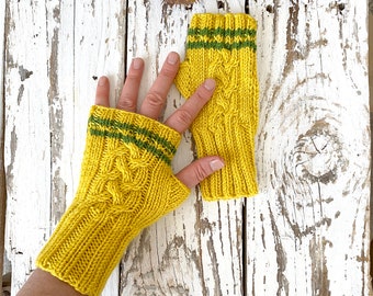 Cable Fingerless Gloves Women, Gifts For Him, Striped Arm Warmers Gloves, Armstulpen Gestrick Christmas, Hello Winter, Yellow Mittens