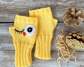 Yellow Crazy Owl Gloves, Arm Warmers Gloves For Wamen, Girlfriend Gift, Knitting Fingerless Gloves, Knitted Christmas, Crochet Eyes, Mittens