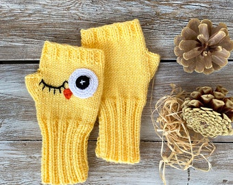 Yellow Knit Owl Fingerless Gloves: Crochet Eyes, Arm Warmers