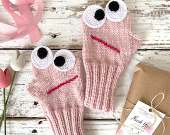 Gift For Women With Cancer, Funny Face Fingerless Mittens Knitting, Amigurumi Eyes, Pink Gloves Stricken Tricot