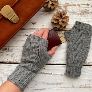 Cable Mens Gray Mittens, Knit Fingerless Gloves, Touch Screen Gloves, Arm Warmers For Husband, Holiday Clothing Men, Christmas For Boyfriend