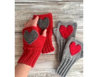 Set Of 2 First Anniversary Gift For Her, Arm Warmers Cuff With Heart, Knit Fingerless Glove Mittens, Casual Clothes Women, Fall Fashion 2021