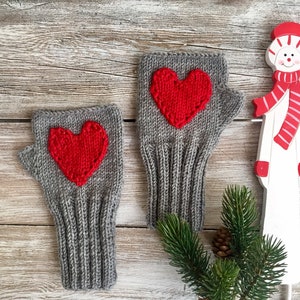Gift For Her Valentines, Unique Gift, Fingerless Gloves. Gray Knitting Glove. Red Heart With Gloves,  Xmas  Gift. Arm Warmers. Women Fashion