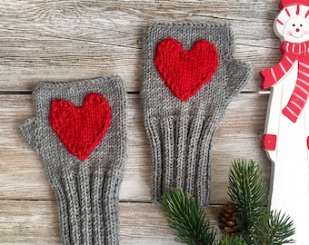 Gift For Her Valentines, Unique Gift, Fingerless Gloves. Gray Knitting Glove. Red Heart With Gloves,  Xmas  Gift. Arm Warmers. Women Fashion
