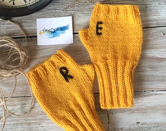 Etsy’s Pick, Personalized Gift. The Name First Letter, Mom For Gifts, Hand Knit Fingerless Gloves. Custom Order, Harvest Yellow, Arm Warmers