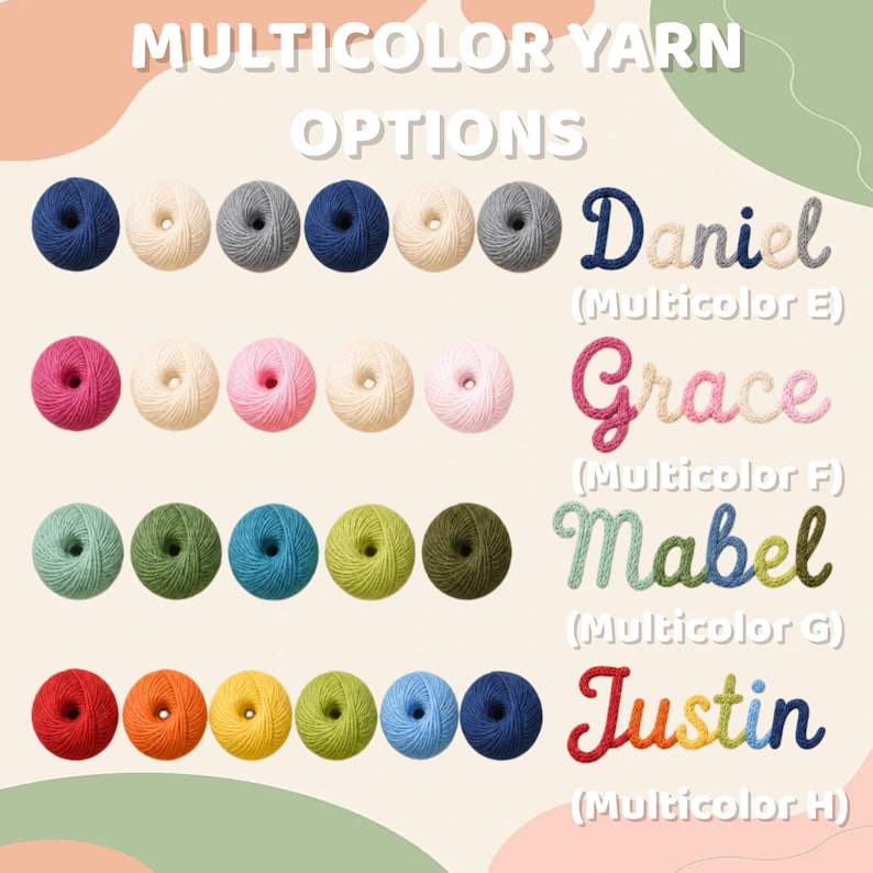 May include: A display of yarn balls in various colors arranged in rows, with text labels reading MULTICOLOR YARN OPTIONS. To the right, four names are written in cursive yarn script: Daniel (Multicolor E), Grace (Multicolor F), Mabel (Multicolor G), and Justin (Multicolor H).