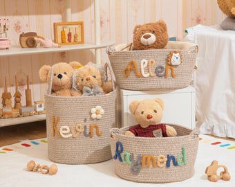Cesta de algodón personalizada con nombre de bebé, tejida a mano, ideal como regalo para la habitación de tu bebé.
