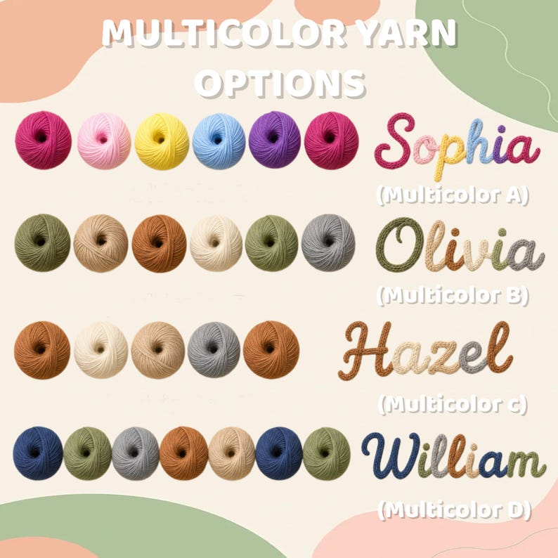 May include: A display of yarn color options featuring four rows of six yarn balls in various solid colors. To the right, four names are written in cursive yarn text: Sophia (Multicolor A), Olivia (Multicolor B), Hazel (Multicolor C), and William (Multicolor D).