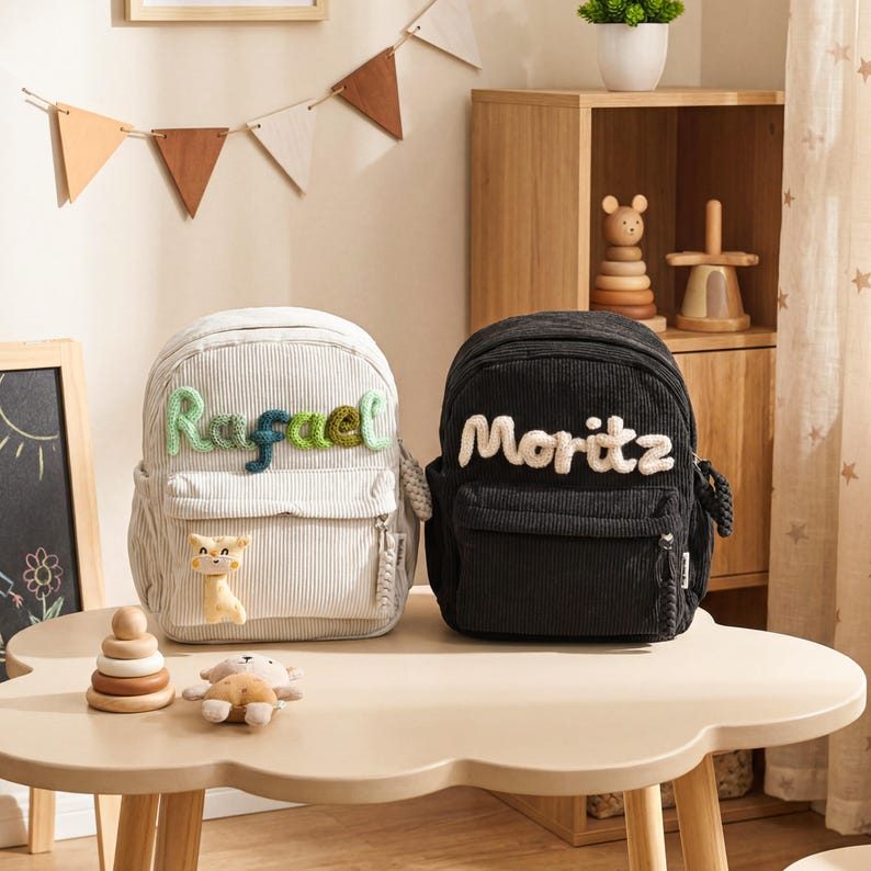 May include: A light gray corduroy backpack with the name Rafael in green and blue yarn, and a black corduroy backpack with the name Moritz in white yarn. Both bags feature a front zippered pocket and a small plush animal attached to the front.