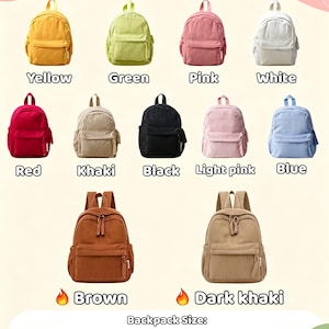 May include: A collection of eleven small backpacks in yellow, green, pink, white, red, khaki, black, light pink, blue, brown, and dark khaki. Each backpack features a front pocket and zipper pulls. The size is 10.2 inches by 11.8 inches by 5.1 inches.