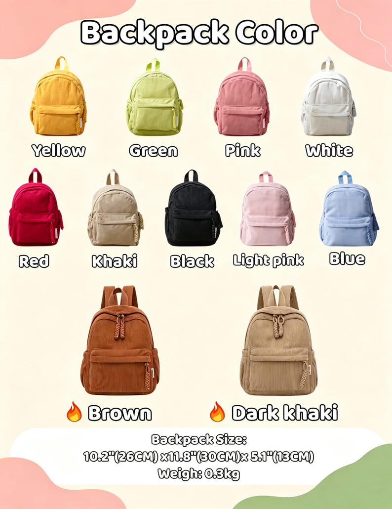 May include: A collection of eleven small backpacks in yellow, green, pink, white, red, khaki, black, light pink, blue, brown, and dark khaki. Each backpack features a front pocket and zipper pulls. The size is 10.2 inches by 11.8 inches by 5.1 inches.