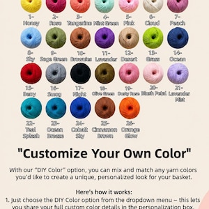 May include: A color chart displaying twenty-six numbered yarn balls in various shades including Honey, Rose, Tangerine, Mint Green, Pink, Cloud, Peach, Sky, Sage Green, Brownies, Lavender, Desert, Grass, Ocean, Berry, Smog, Night, Olive Green, Dusty Rose, Blush Petal, Lavender Mist, Teal Splash, Ocean Breeze, Cobalt Sky, Cinnamon Brown, and Orange Glow, with text instructions for customizing yarn colors.